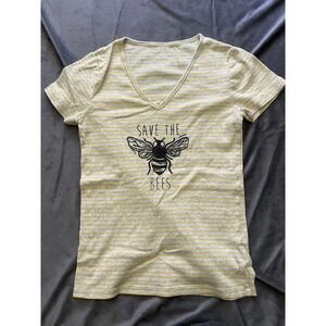 Gap‎ Save the Bees Striped V-Neck T-Shirt Yellow Grey Pima Cotton Modal Medium